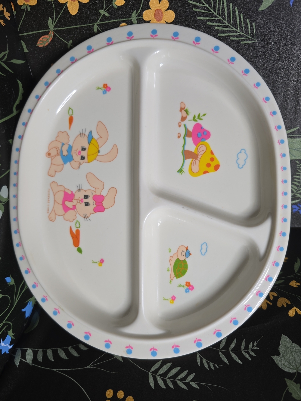 VINTAGE 1980s Cute Bunny & Mushroom Divided Kids Plate - Pink & Yellow Accents